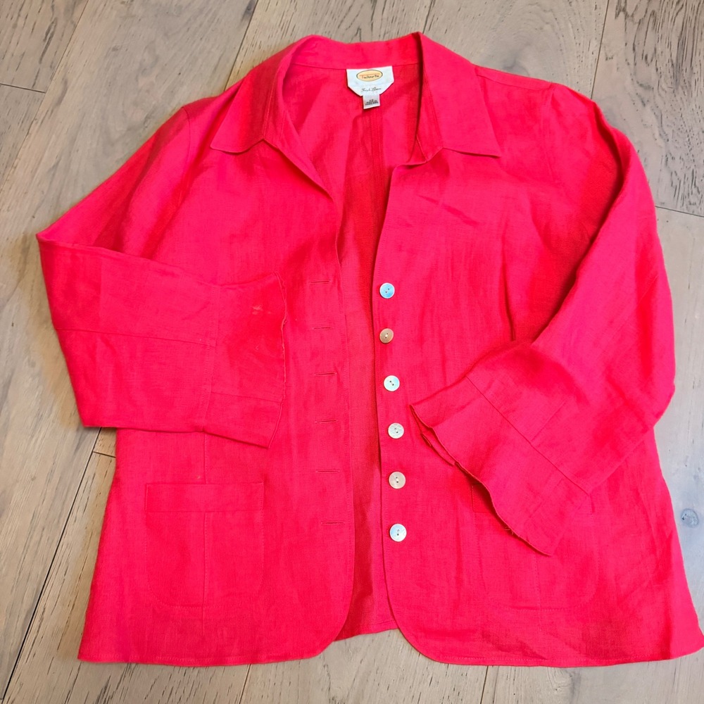 VTG Talbots Fuchsia Pink Irish Linen Ruffle Cuff Blazer Womens 14 Career Classic